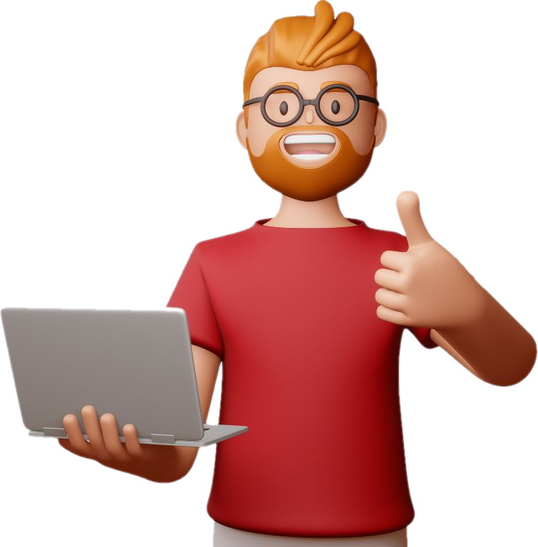 A graphic design shows a man holding laptop happily with his thumbs up
