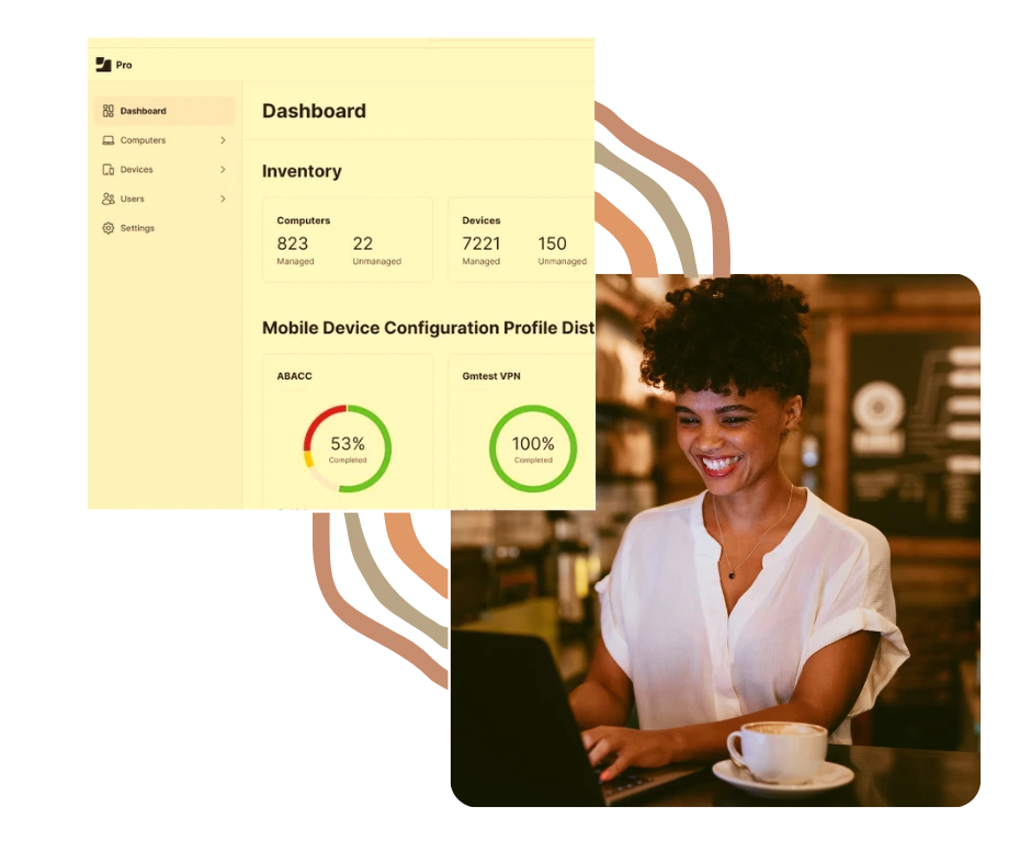 A woman using laptop managing global devices using jamf