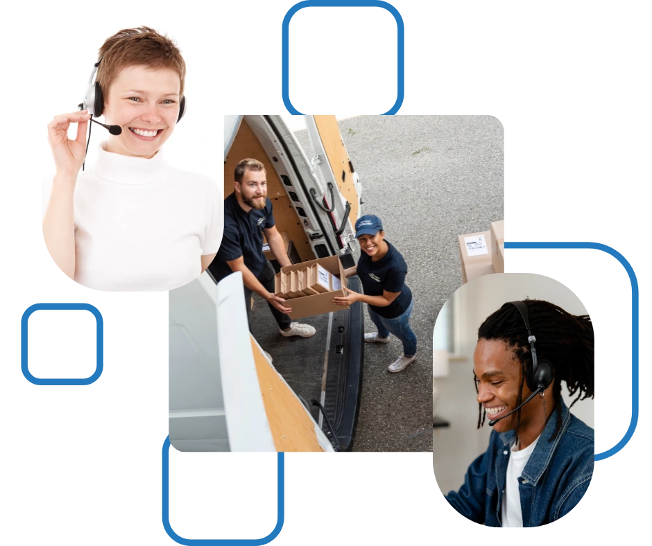 Two professionals handling international parcel delivery with integrated customer service support