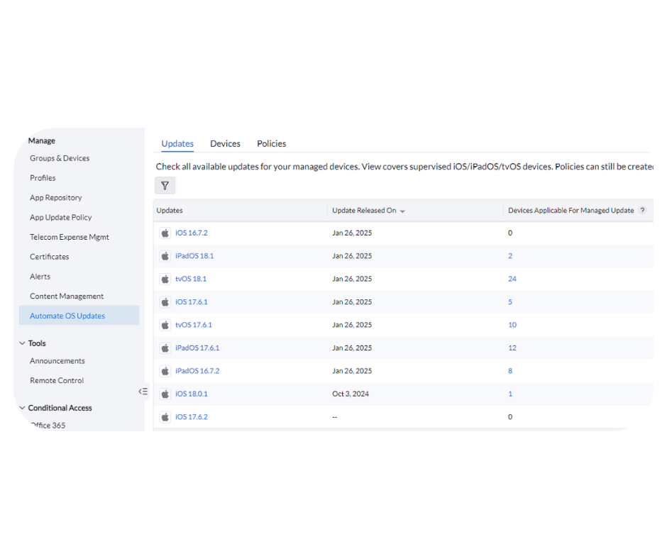 a mdm software that showing the process of auto update