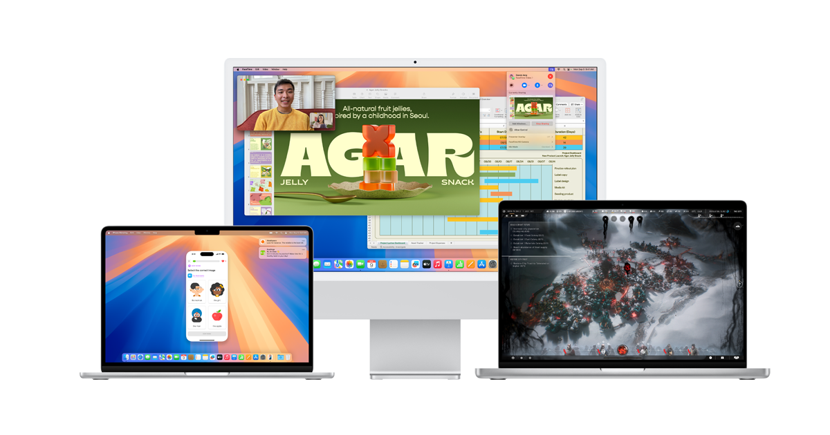 2 macbooks and 1 iMac displaying macos sequoia