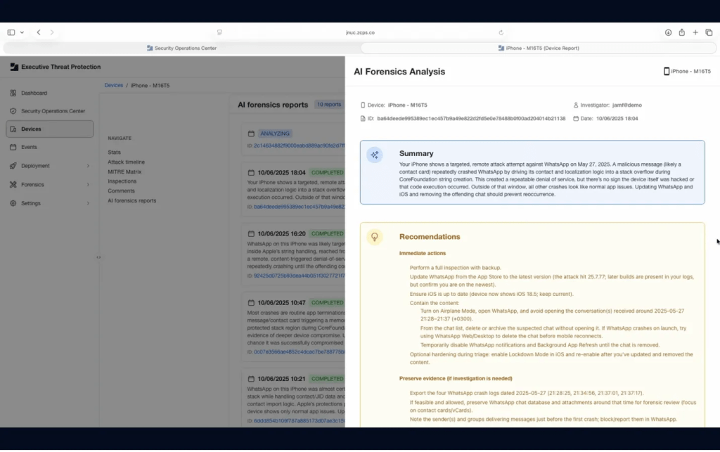 jamf executive thread protection provide summary after doing AI analysis